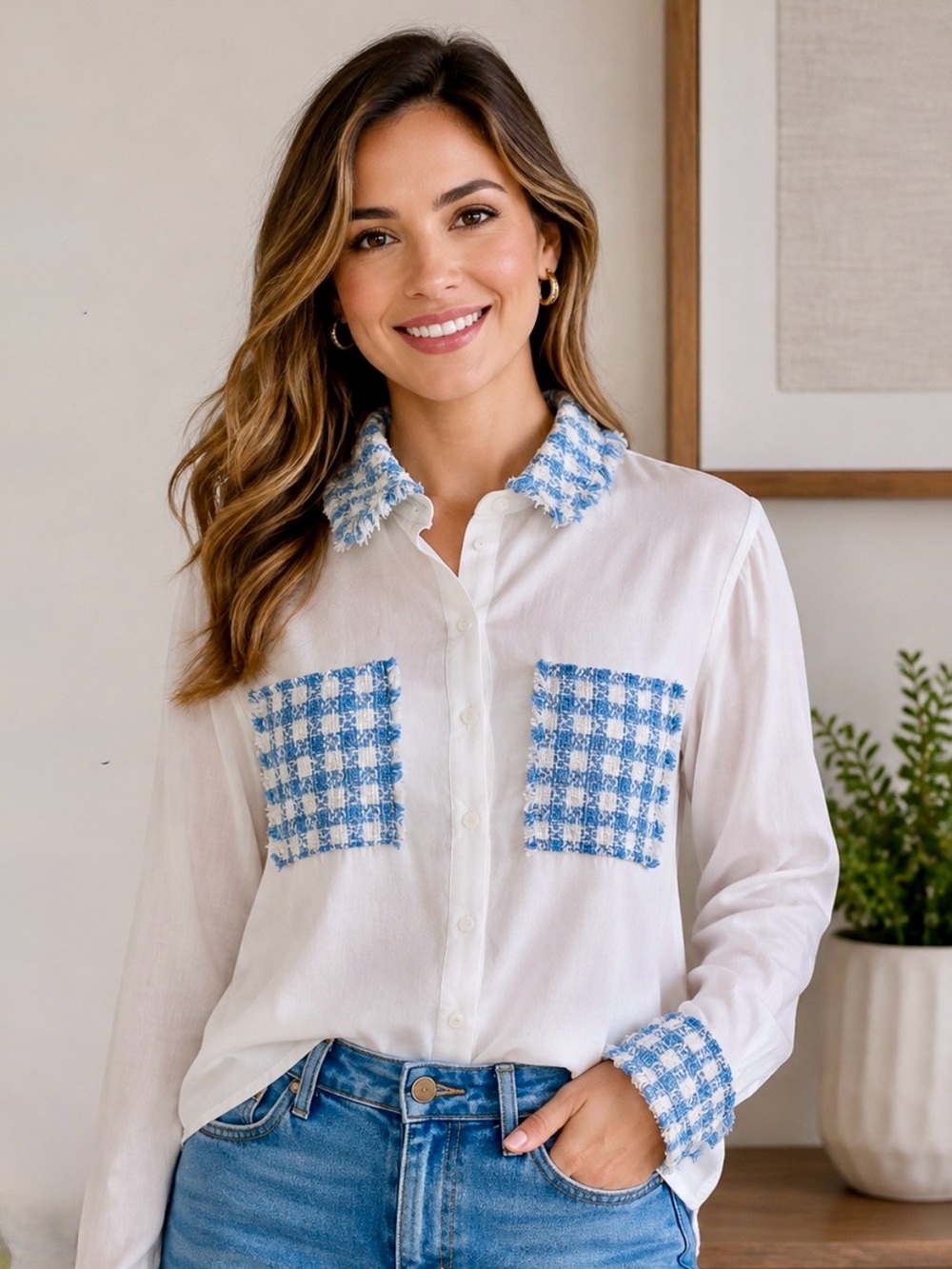White Button-Down Shirt with Blue Check Tweed Trim